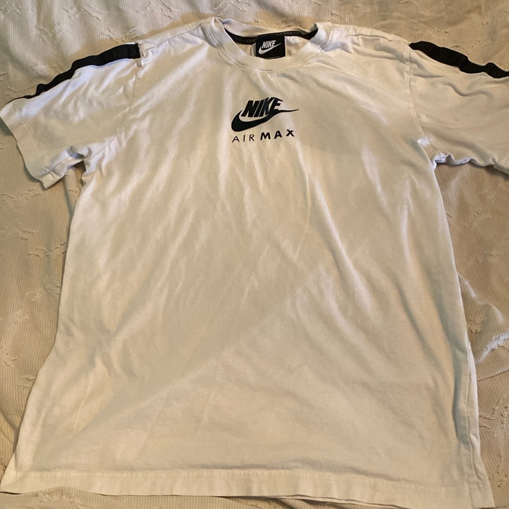 White Men’s NIKE Tshirt, size Medium, black stripes on sleeves say Air Max